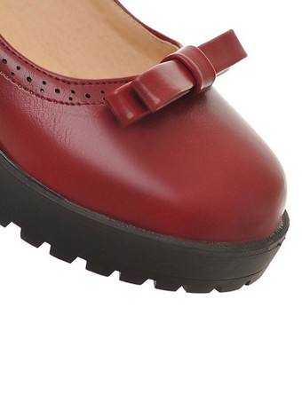 ロリータは、ブルゴーニュ弓ラウンドトウPUレザーアンクルストラップロリータポンプシューズシューズ