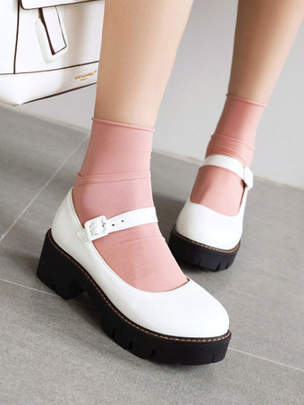 ホワイト ロリータシューズブラックPUレザー子犬ヒールロリータパンプス