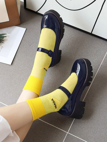 ディープブルーロリータシューズブラックPUレザー子犬ヒールロリータパンプス