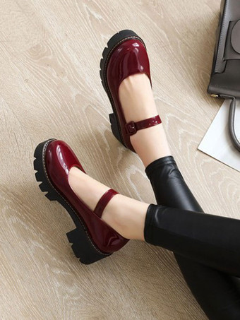 バーガンディーロリータシューズブラックPUレザー子犬ヒールロリータパンプス