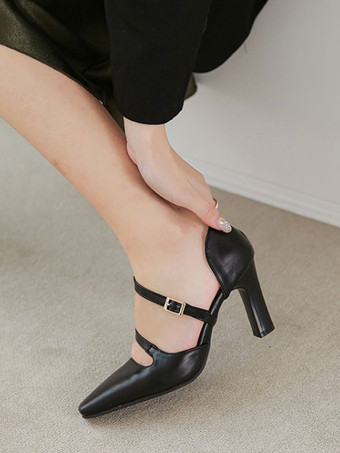 女性のハイヒールストラップ調整可能な先のとがったつま先分厚いヒールエクリュホワイト