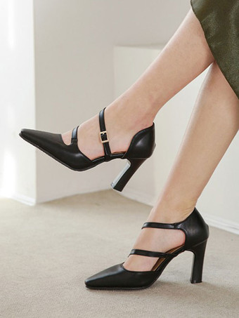 ブラック 女性のハイヒールストラップ調整可能な先のとがったつま先分厚いヒールエクリュホワイト