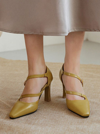 黄緑色女性のハイヒールストラップ調整可能な先のとがったつま先分厚いヒールエクリュホワイト