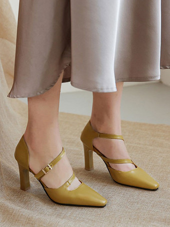 女性のハイヒールストラップ調整可能な先のとがったつま先分厚いヒールエクリュホワイト