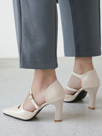女性のハイヒールストラップ調整可能な先のとがったつま先分厚いヒールエクリュホワイト