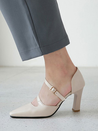 アイボリー 女性のハイヒールストラップ調整可能な先のとがったつま先分厚いヒールエクリュホワイト