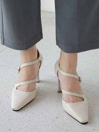女性のハイヒールストラップ調整可能な先のとがったつま先分厚いヒールエクリュホワイト