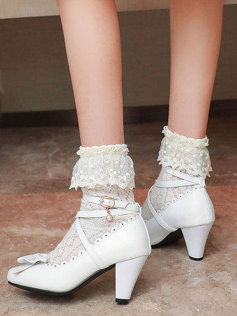甘いロリータ靴白弓PUレザープリズムヒールロリータ靴
