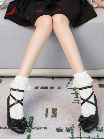 ブラック 甘いロリータ靴白弓PUレザープリズムヒールロリータ靴
