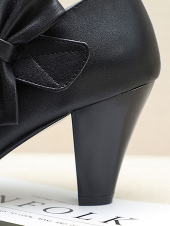 甘いロリータ靴弓PUレザープリズムヒールロリータパンプス