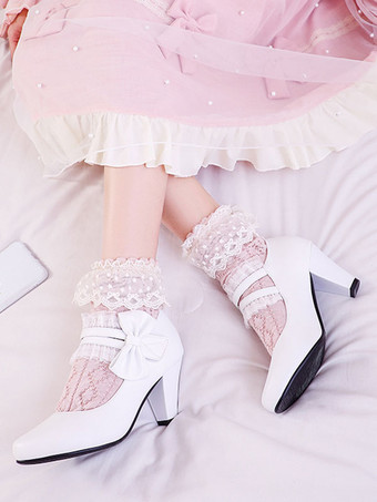 甘いロリータ靴弓PUレザープリズムヒールロリータパンプス