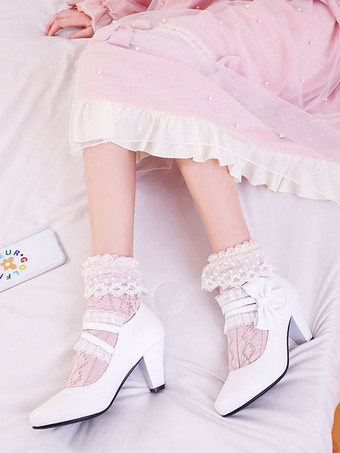 甘いロリータ靴弓PUレザープリズムヒールロリータパンプス