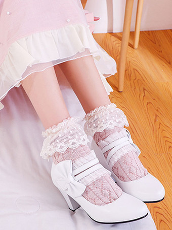 ホワイト 甘いロリータ靴弓PUレザープリズムヒールロリータパンプス