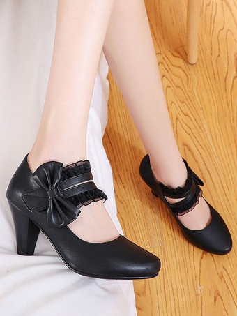 ブラック 甘いロリータ靴弓PUレザープリズムヒールロリータパンプス