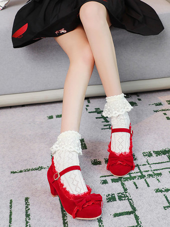 甘いロリータシューズピンクのフリルの弓ラウンドトゥスエードナップロリータシューズ