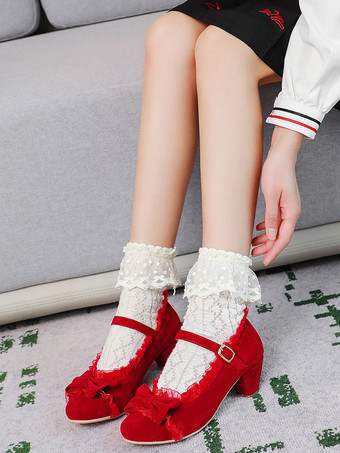レッド 甘いロリータシューズピンクのフリルの弓ラウンドトゥスエードナップロリータシューズ