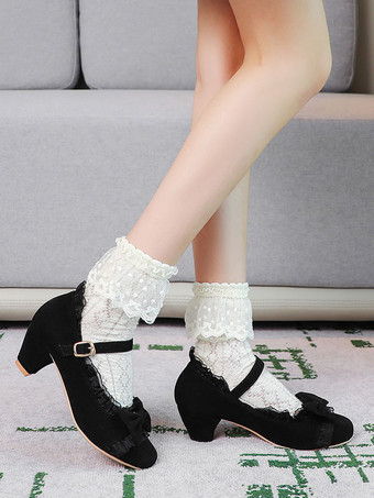 ブラック 甘いロリータシューズピンクのフリルの弓ラウンドトゥスエードナップロリータシューズ