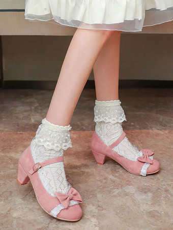 Calçado doce Lolita babados rosa arcos Toe camurça Nap Lolita sapatos