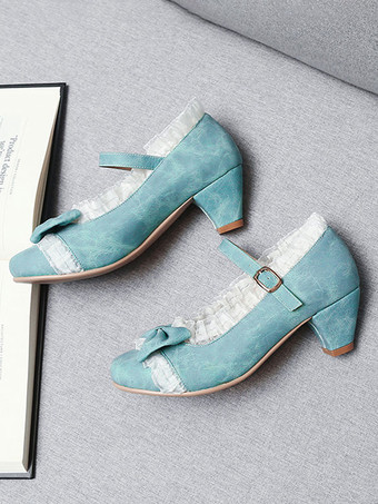 ライトスカイブルー甘いロリータシューズピンクのフリルの弓ラウンドトゥスエードナップロリータシューズ