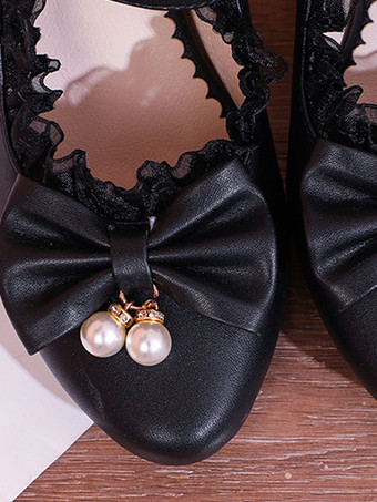 甘いロリータシューズピンクラッフル弓PUレザープリズムヒールロリータシューズ