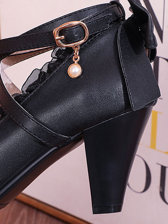 甘いロリータシューズピンクラッフル弓PUレザープリズムヒールロリータシューズ