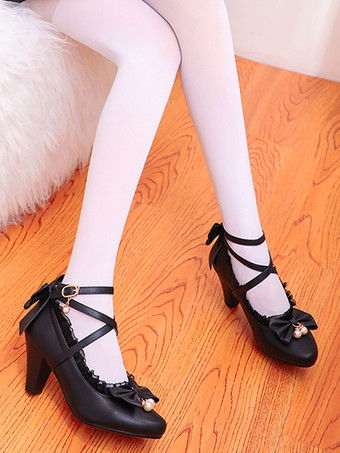 ブラック 甘いロリータシューズピンクラッフル弓PUレザープリズムヒールロリータシューズ