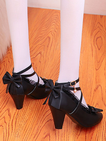 甘いロリータシューズピンクラッフル弓PUレザープリズムヒールロリータシューズ