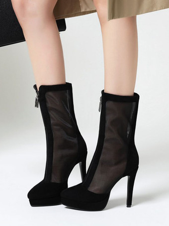 ブラックサマーブーツ ポインテッドトゥ ジッパーフロント サマーショートブーツ