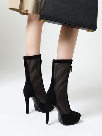 ブラックサマーブーツ ポインテッドトゥ ジッパーフロント サマーショートブーツ