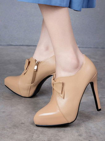 女性のアンクルブーツアプリコットPUレザーポインテッドトゥ弓サイドジッパースチレットヒールアンクルブーツ