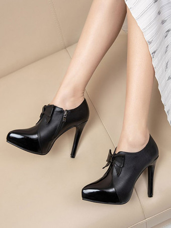 女性のアンクルブーツアプリコットPUレザーポインテッドトゥ弓サイドジッパースチレットヒールアンクルブーツ