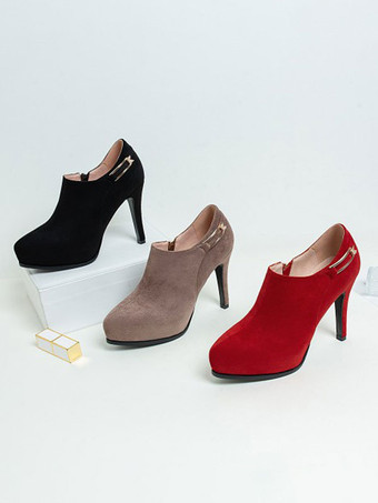 女性アンクルブーツブラックマイクロスエードアッパーポインテッドトゥメタルディテールスティレットヒールサイドジップアンクルブーツ