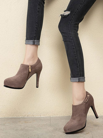ブラウン 女性アンクルブーツブラックマイクロスエードアッパーポインテッドトゥメタルディテールスティレットヒールサイドジップアンクルブーツ