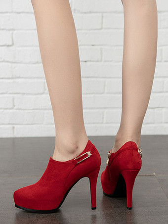 女性アンクルブーツブラックマイクロスエードアッパーポインテッドトゥメタルディテールスティレットヒールサイドジップアンクルブーツ