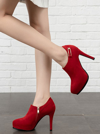 女性アンクルブーツブラックマイクロスエードアッパーポインテッドトゥメタルディテールスティレットヒールサイドジップアンクルブーツ