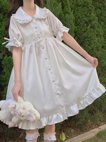 Sweet Lolita OP Dress Volantes Manga corta blanca Lolita Vestidos de una pieza