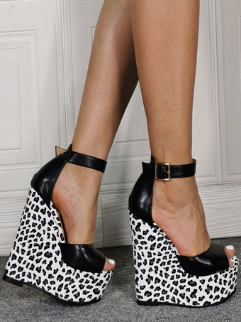 レディークラシックのぞき見つま先ウェッジヒールスリッポンレディースプラスサイズヒョウレディースサンダルのウェッジシューズ
