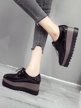 スタイリッシュなオックスフォードラウンドトゥPUレザーフロントレースPUゴムラウンドトゥオックスフォードシューズ