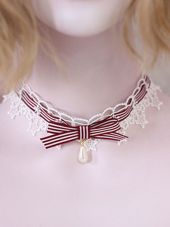 ワインレッド スウィートロリータネックレス弓レースチョーカー