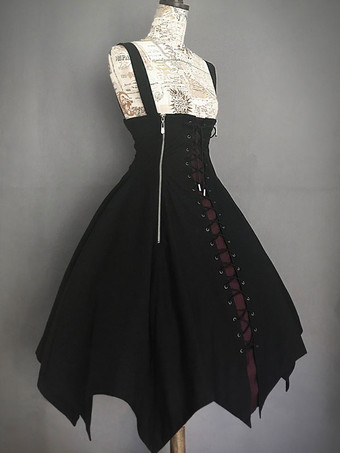 ハロウィン ゴシックロリータJSKドレスブラックレースアップロリータジャンパースカート