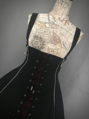 ハロウィン ゴシックロリータJSKドレスブラックレースアップロリータジャンパースカート