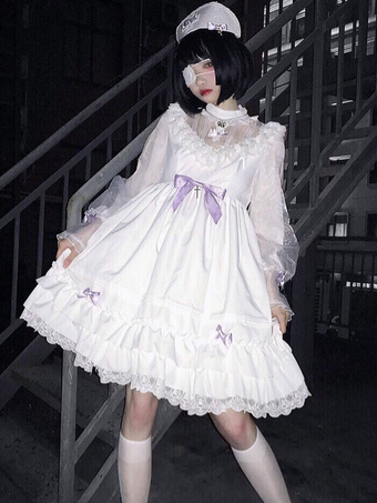 White Gothic Lolita OP Dress Ruffles Bows Cross Long Sleeves Lolita One Piece Dresses