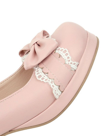 甘いロリータシューズブラックボウレースラウンドトゥPUレザーロリータパンプス