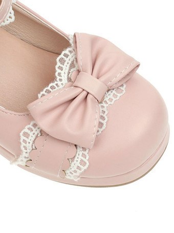 甘いロリータシューズブラックボウレースラウンドトゥPUレザーロリータパンプス