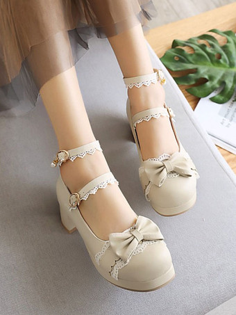 甘いロリータシューズブラックボウレースラウンドトゥPUレザーロリータパンプス