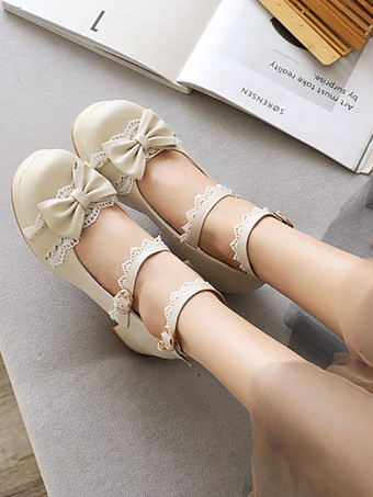 アイボリー 甘いロリータシューズブラックボウレースラウンドトゥPUレザーロリータパンプス