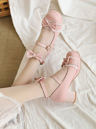 ピンク甘いロリータシューズリボンレースPUレザーチャンキーヒールロリータパンプス