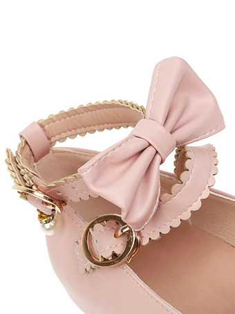 甘いロリータシューズリボンレースPUレザーチャンキーヒールロリータパンプス