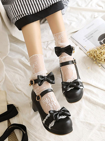 甘いロリータシューズリボンレースPUレザーチャンキーヒールロリータパンプス