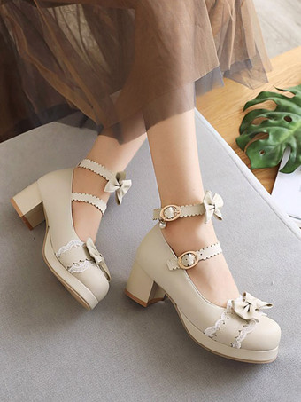 甘いロリータシューズリボンレースPUレザーチャンキーヒールロリータパンプス